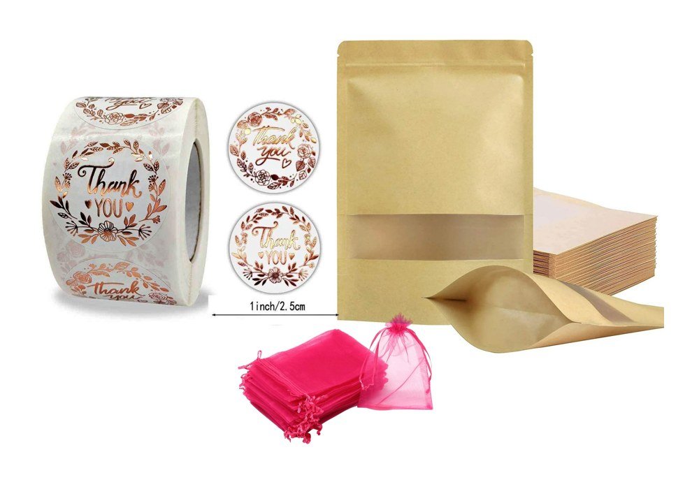 Thank-you stickers, kraft bags and organza bags